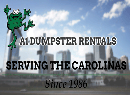 Text reads: "A1 Dumpster Rentals, Serving the Carolinas, Since 1986." Background shows a blurred cityscape with a cartoon frog.