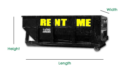 A black dumpster with yellow text "RENT ME" on the side.