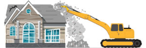 Demolition of a building. Destruction of the house with the help of an excavator. Dismantling of an old building Isolated on a white background Vector illustration.